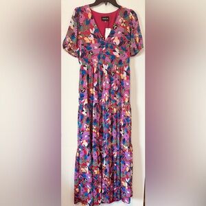 Sugar Lips Floral Boho Tiered Ruffled Maxi Dress Size Small Lined Red Buttoned